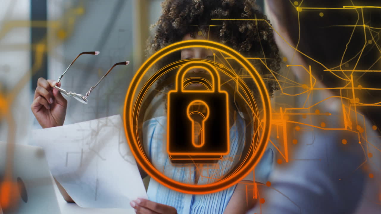 Lock symbol animation over people discussing documents at office desk