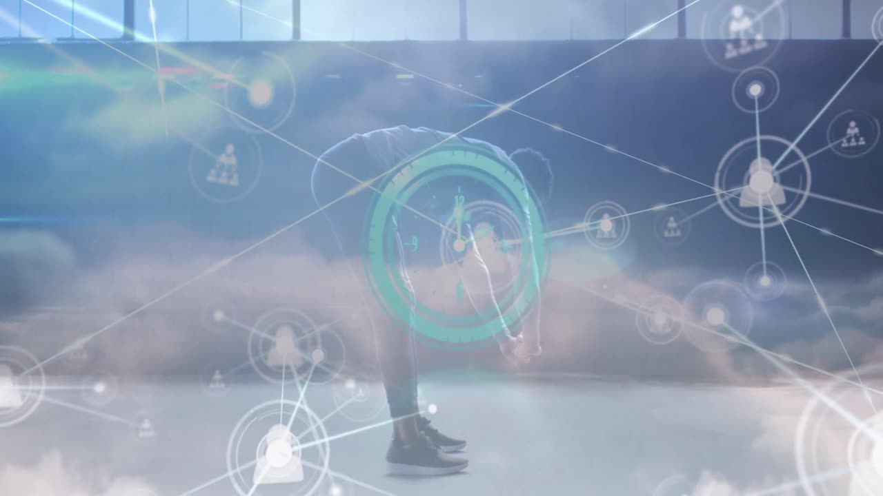 아프리카계 미국인 남자가 운동하고 구름을 가로지르는 연결의 애니메이션