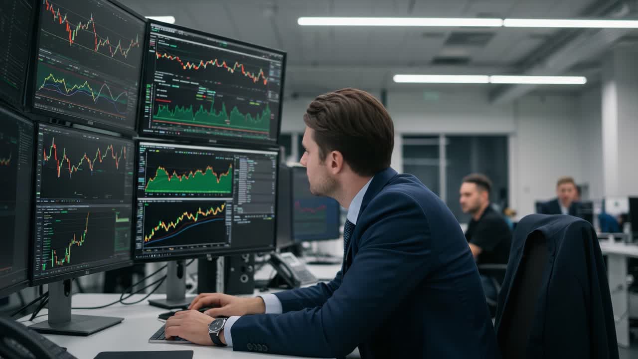 Focused Analyst Analyzing Financial Data on Multiple Screens in a Modern Office Environment with Market Trends and Graphs Highlighted in Real-Time