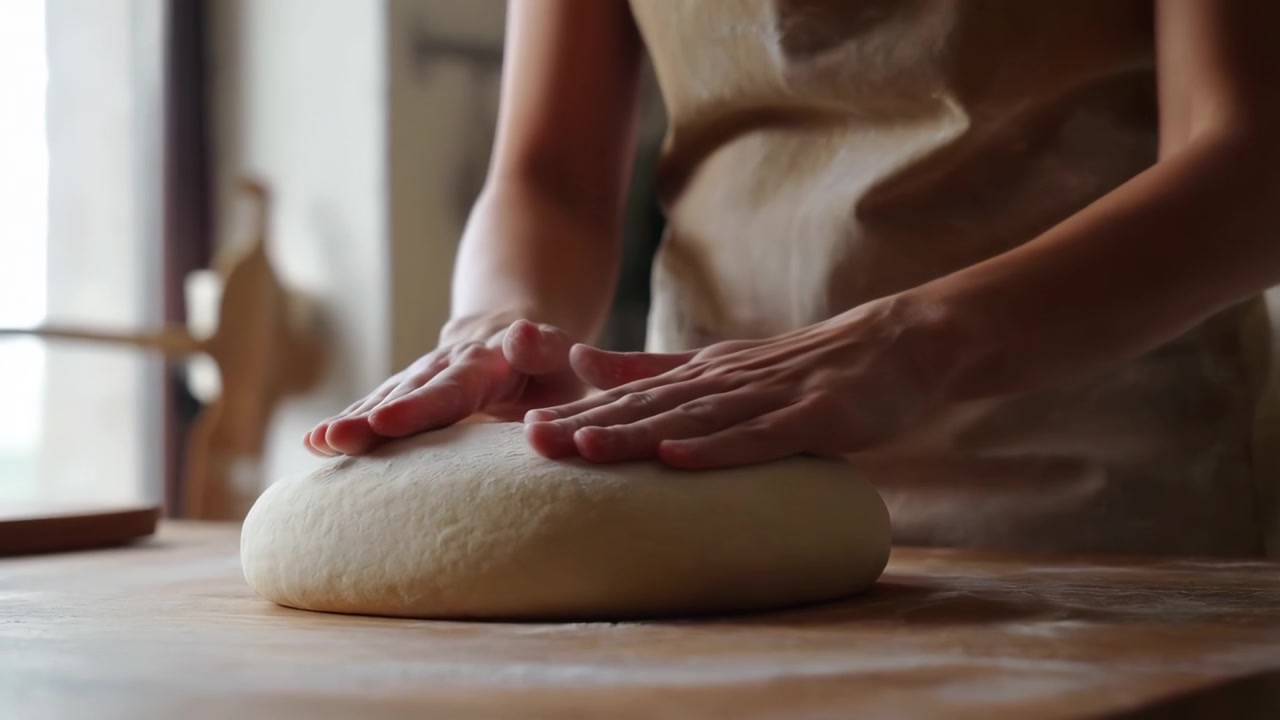 Person wearing neutral apron gently shapes and smooths well-risen round dough on floured wooden board inside warm kitchen, creating fresh bread with calm artisan care, with baker, dough, hand