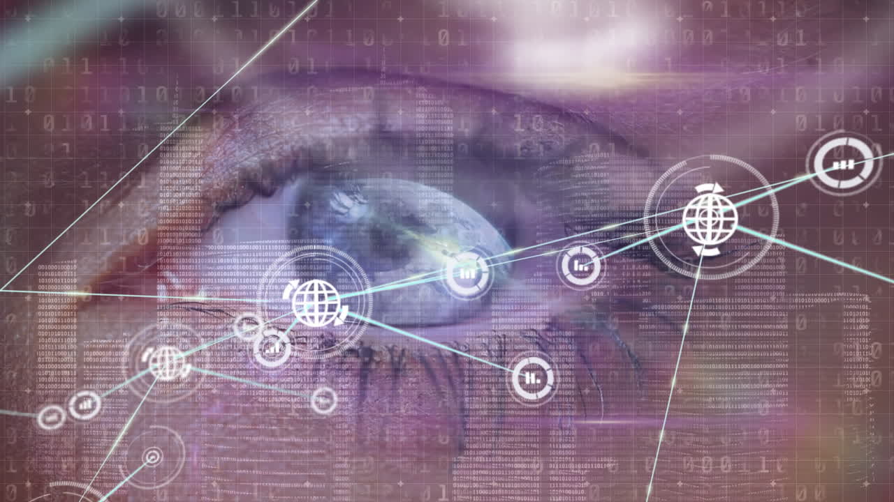 animación de la red de conexiones con iconos y procesamiento de datos sobre el ojo de una mujer caucásica