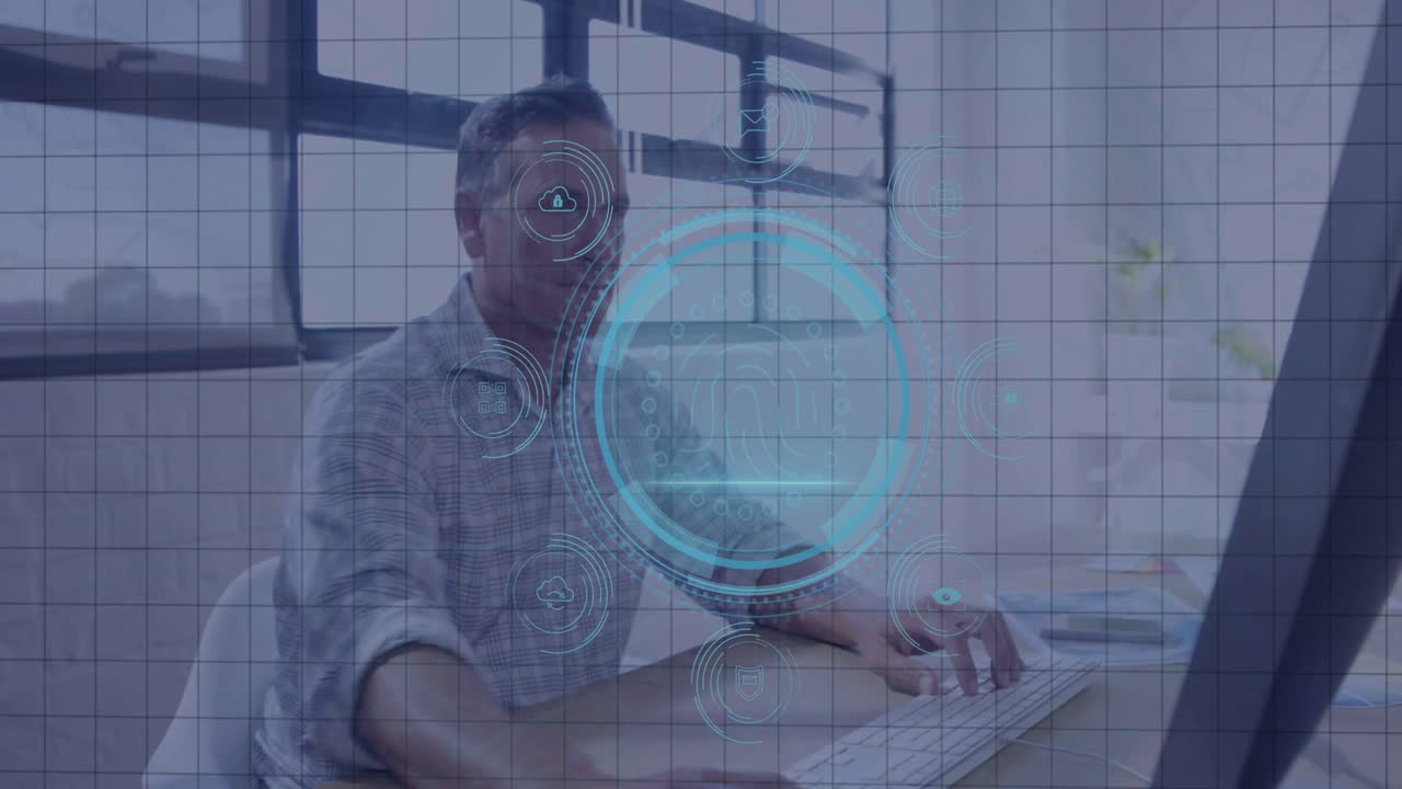 Analyst typing and clicking at monitor starting DATA PROTECTION UI into rotating scan securing data