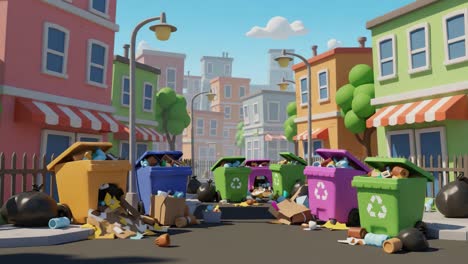 a lively animated urban scene depicting overfilled recycling bins surrounded by colorful buildings, litter, and a sense of community challenge in waste management
