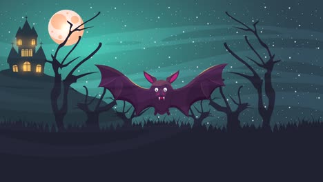 feliz escena animada de halloween con murciélago volando y castillo