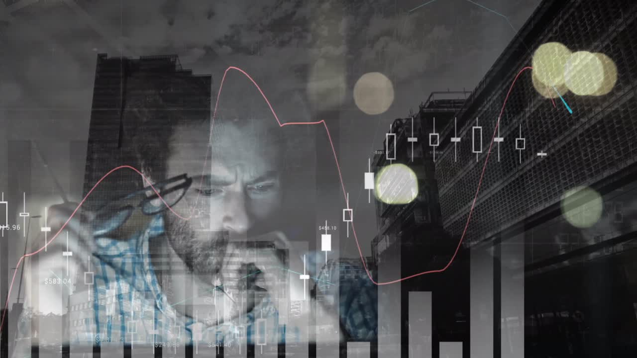 남성 프로그래머의 애니메이션과 도시 풍경과 도로 교통에 대한 그래프