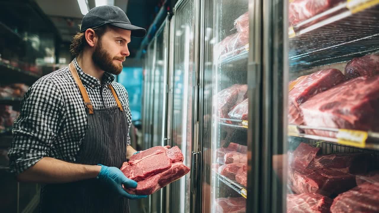 Butcher preparing fresh meat in retail store during daylight hours