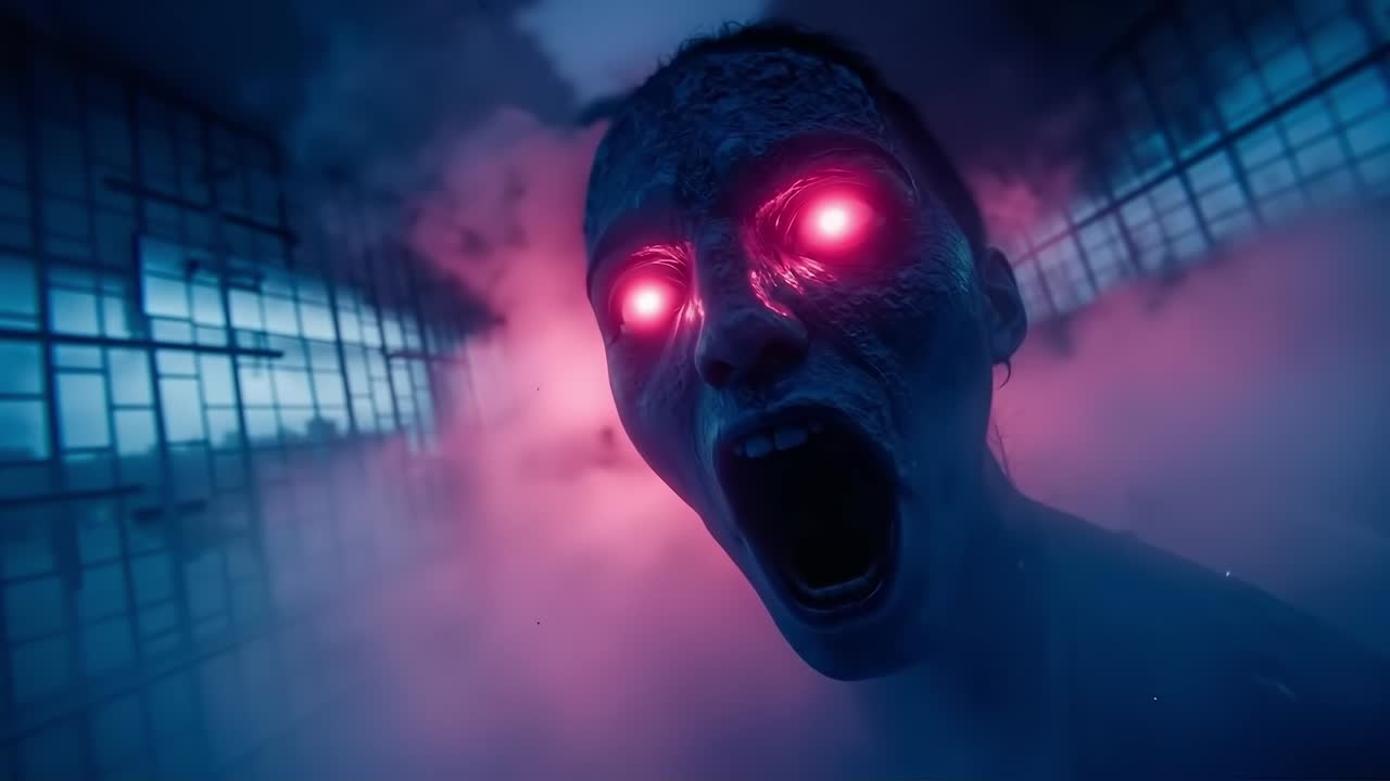 A man with red eyes in a dark room with smoke coming out of his mouth