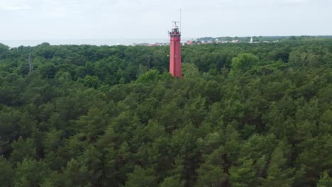 aerial view of hel lighthouse surrounded by green trees in hel, poland.