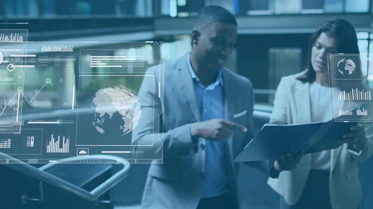 Man and woman walking reviewing folder while charts appearing over folder guiding business review