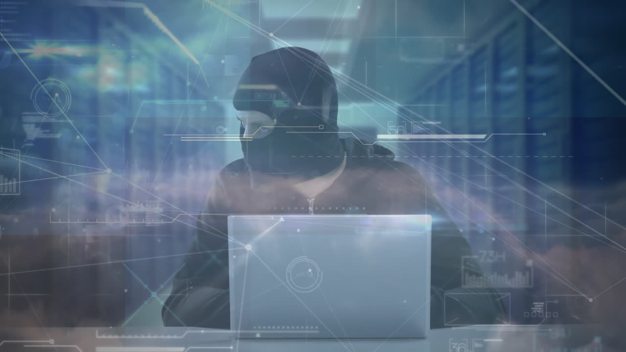 Animation of networks of connections over hacker with laptop and computer servers