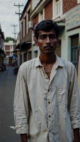 serious worker standing in urban street, wearing light shirt and gazing directly at camera, embodying authentic working class lifestyle in developing city environment