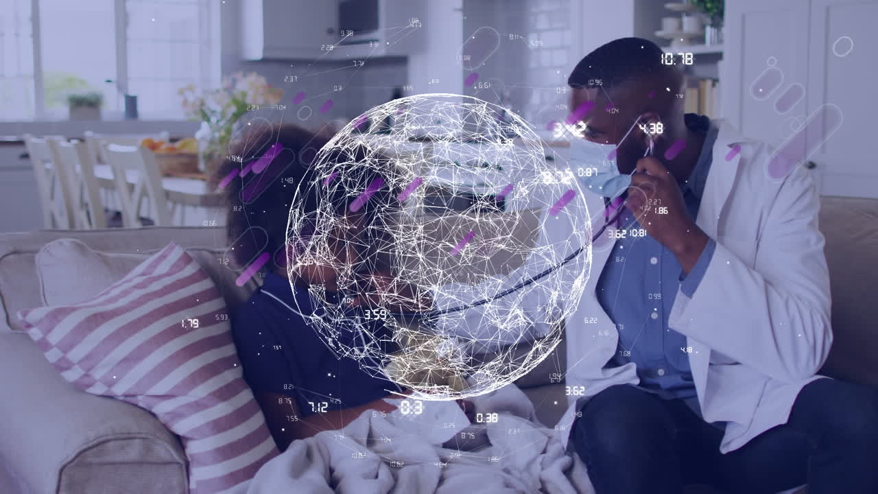 Animation of data processing and globe over african american male doctor with patient