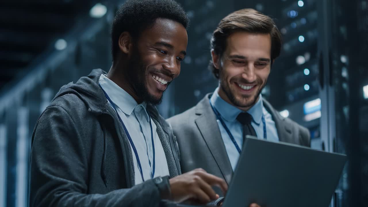 Two professionals collaborating in a server room, showcasing teamwork and engagement as they review data together on a tablet amidst technology infrastructure