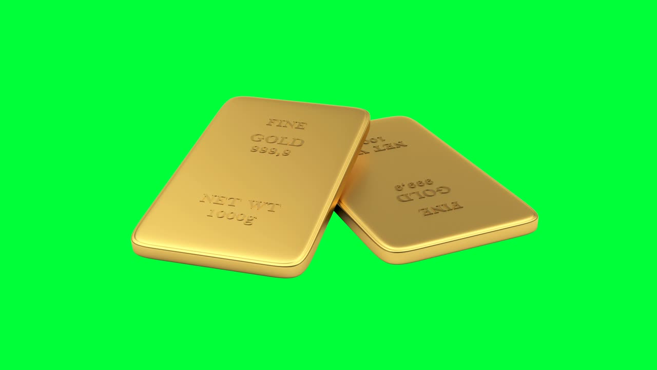 las barras de oro giran en una pantalla verde en animación 3d. 4k