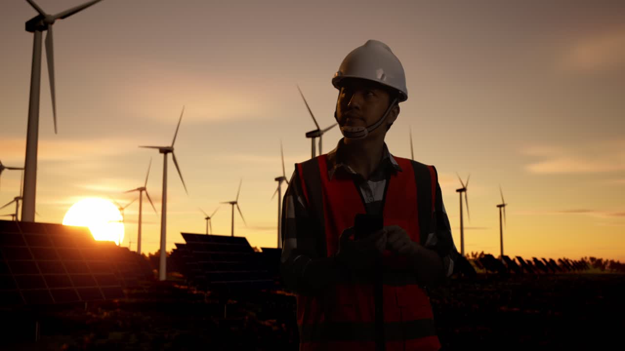 Engineer working at a renewable energy facility at sunset