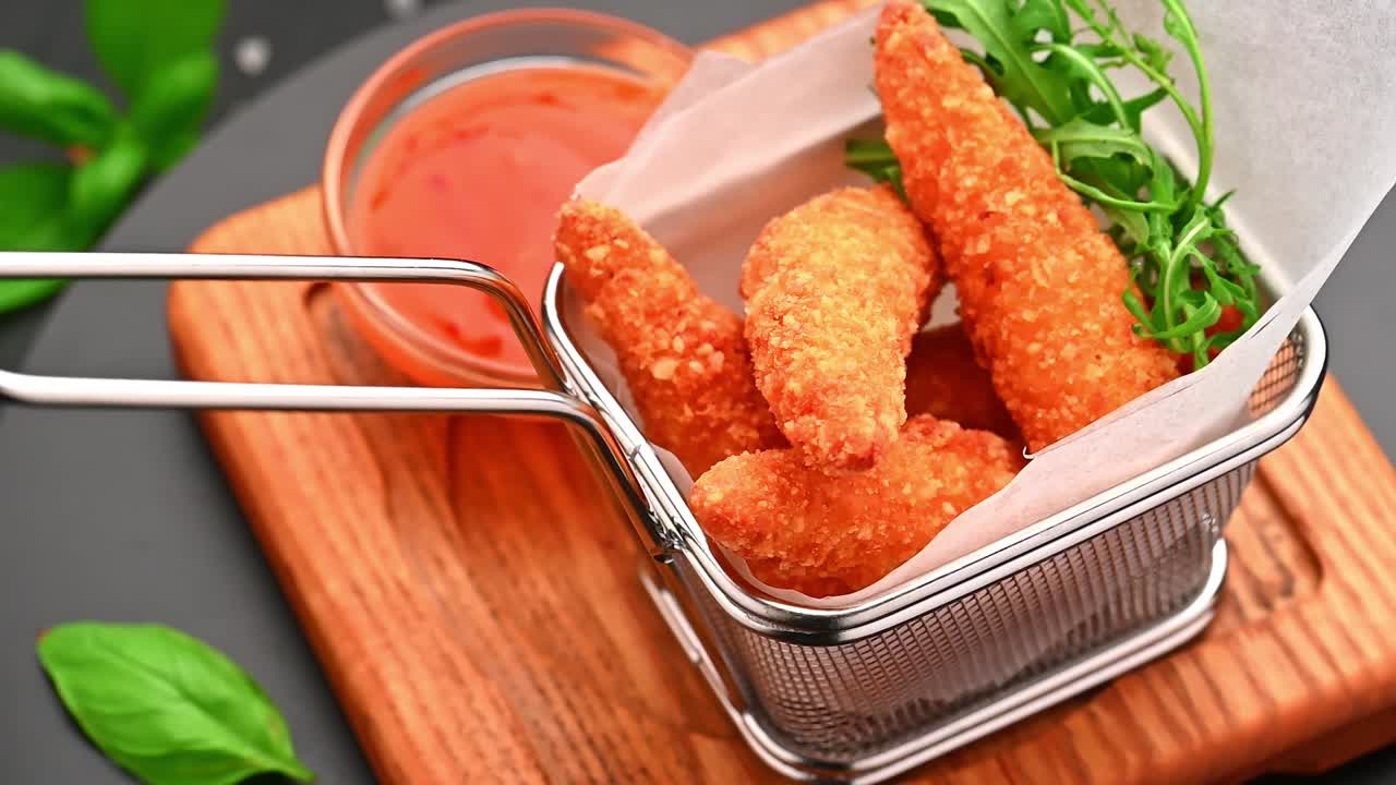 Snack fritti croccanti serviti in un cestino di metallo con salsa su un tagliere di legno. Snack fritti croccanti in un cestino di metallo con verdure fresche accanto a una ciotolina di salsa.