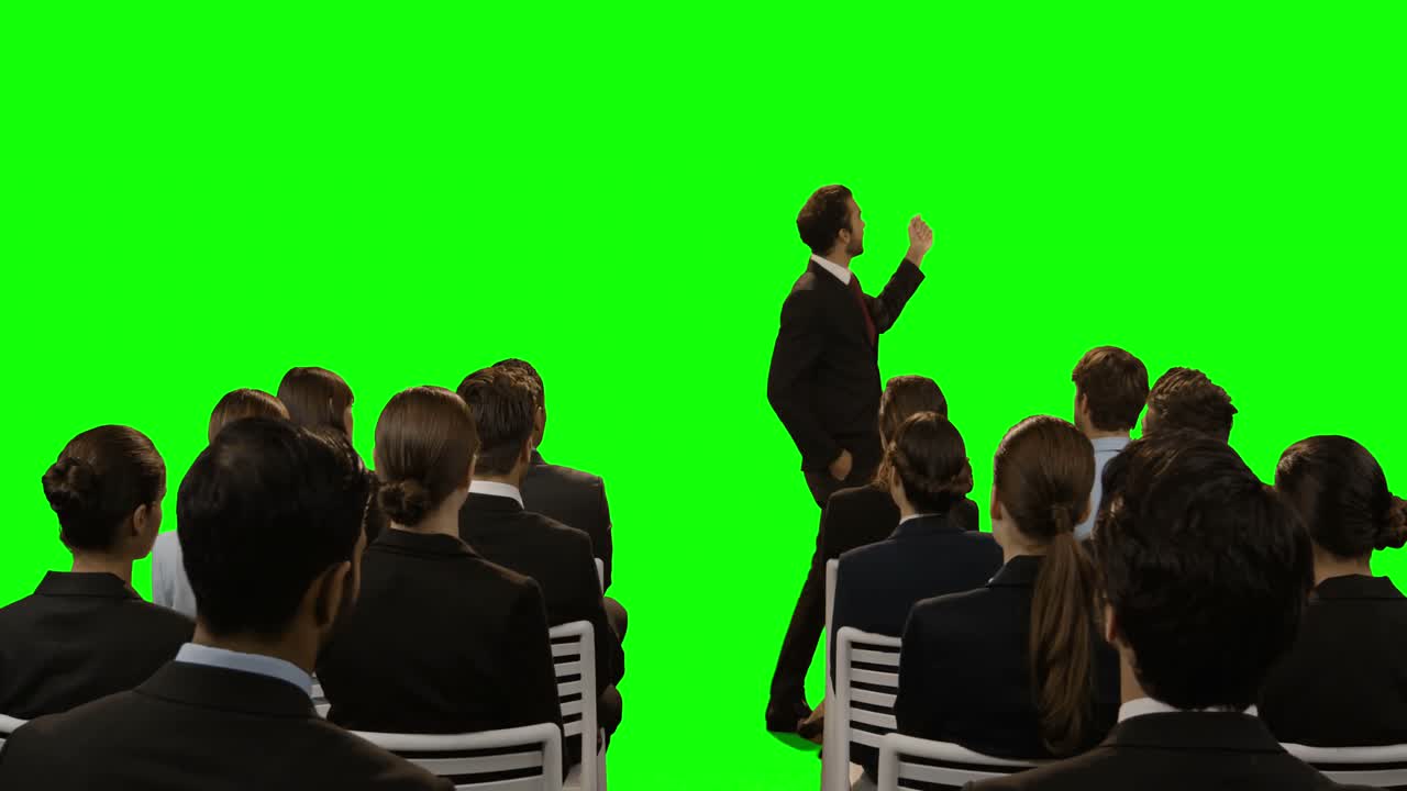 미래의 디지털 스크린에서 프레젠테이션을 하는 사업가