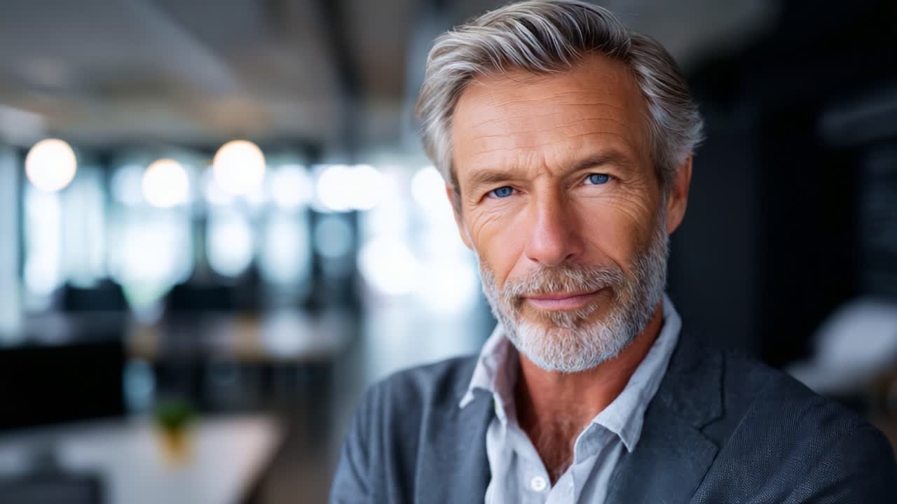 Confident Mature Man with Silver Hair Posing in Modern Office Setting, Exuding Professionalism and Charm in Business Environment