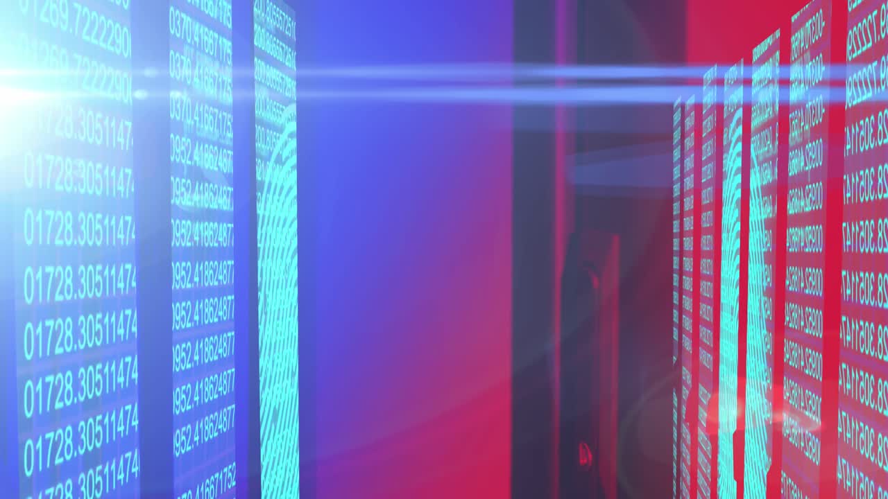 Animation of light spots and data processing over black background