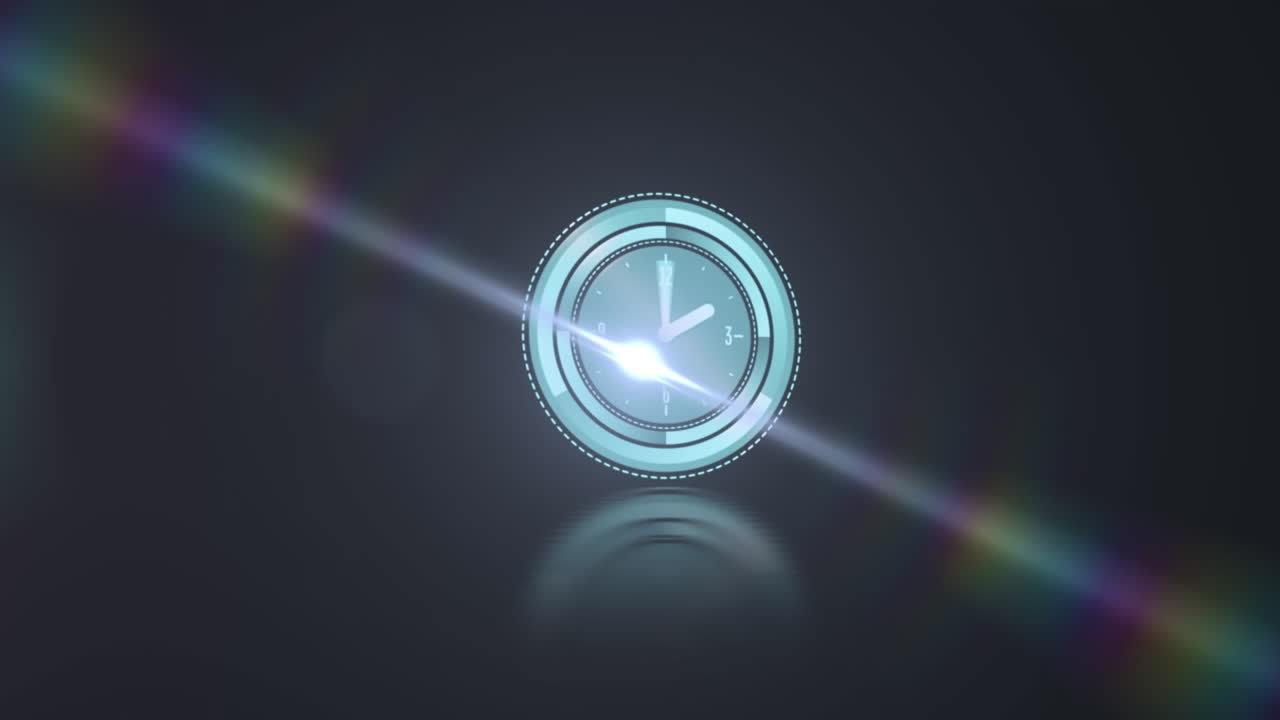 검은색 배경에 반 ⁇ 이는 빛 위에서 시계가 틱하는 애니메이션