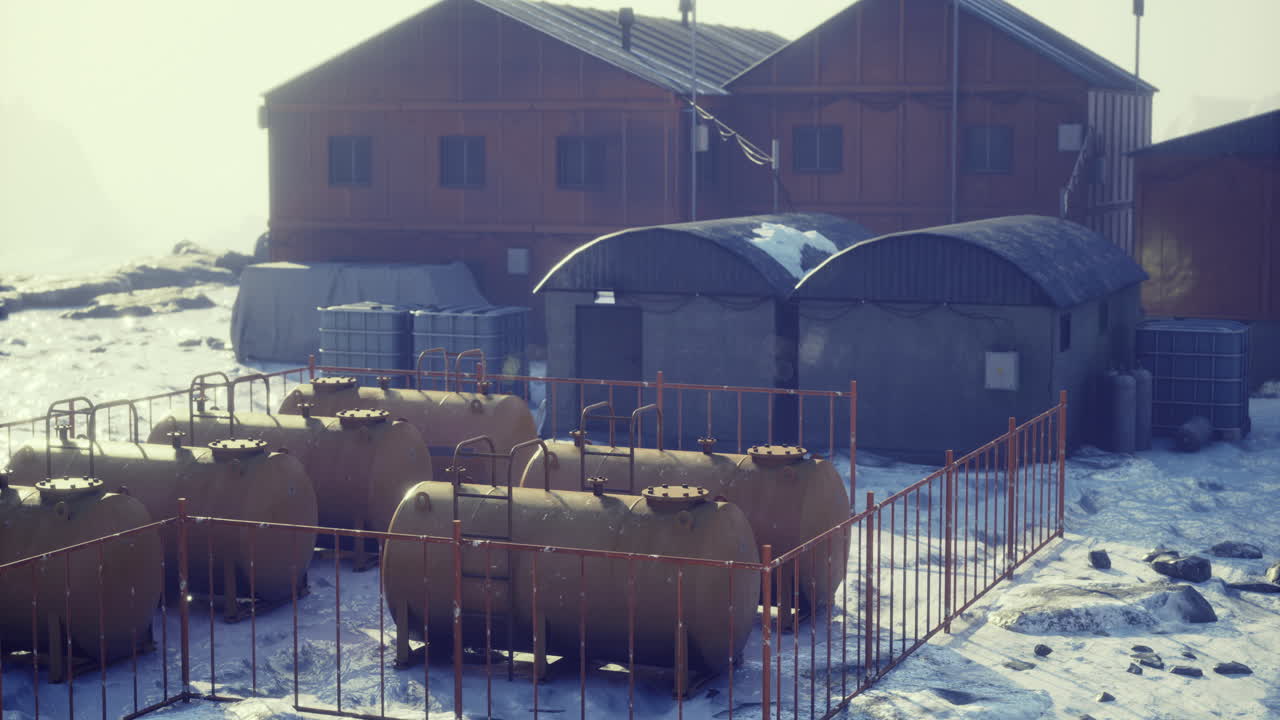 Equipment storage and facilities at a remote industrial site in winter