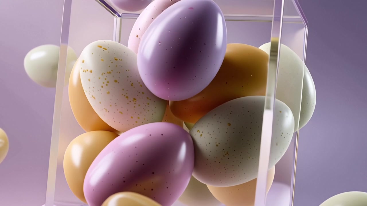 Colorful Speckled Easter Eggs Inside a Clear Glass Cube