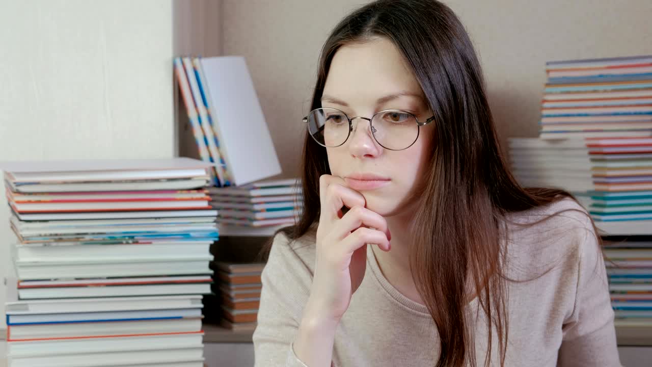 una joven morena con gafas está pensando.