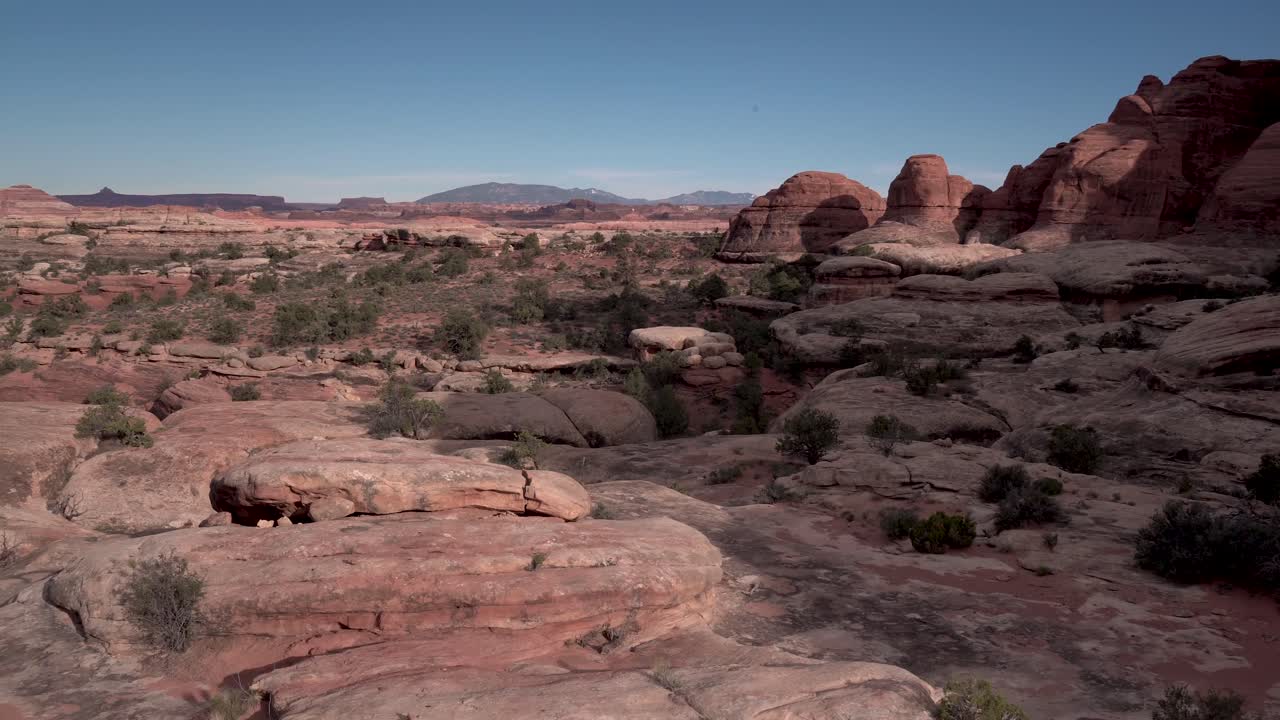 Ai margini del Parco nazionale di Canyonlands nello Utah, grandi massi e piante, carrellata aerea in avanti.