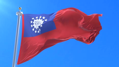 flag of myanmar or union of burma waving at wind in slow in blue sky, loop