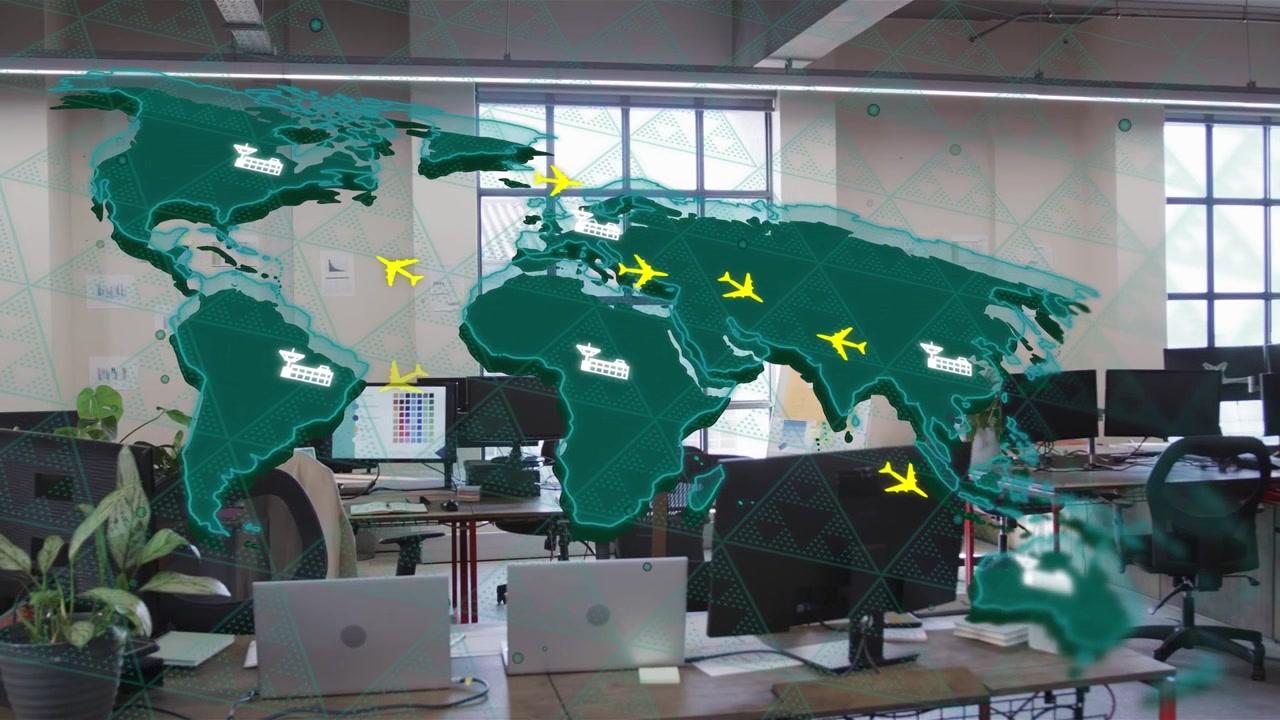 Map overlay emerging, yellow planes popping, shifting E or S, grouping, mapping global net over offi