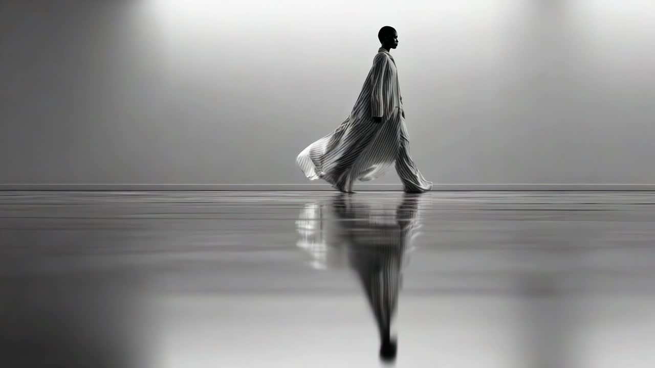 En elegant figur skrider selvsikkert hen over en glat, reflekterende overflade og viser en blanding af elegance og modernitet i et minimalistisk miljø, der forstærker den rolige atmosfære.
