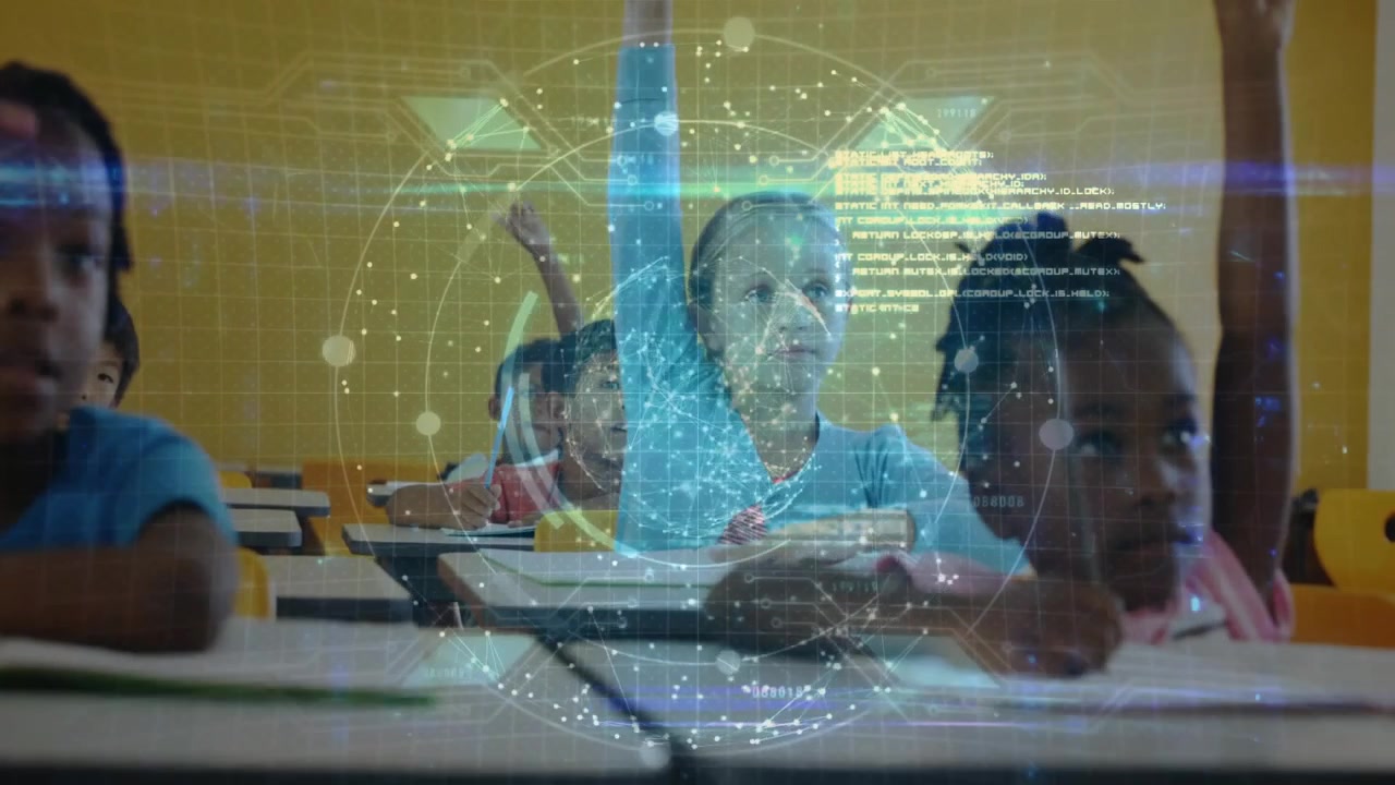 Students raising hands after blonde girl lifting hand, activating holographic globe showing tech