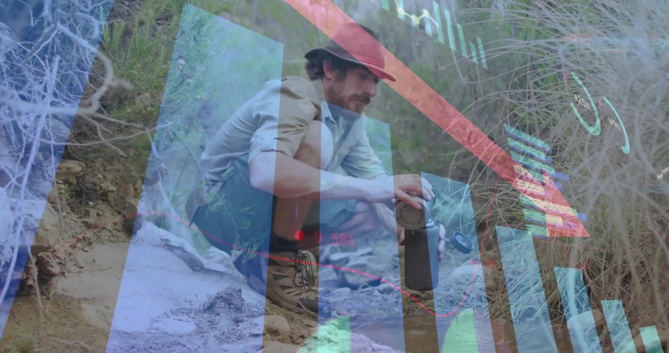 Settling into squat, hiker reaching, opening, pouring flask for drinking near stream bed, with HUD