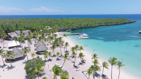 aerial flyover tropical beach with palm trees and parking boats on tropical island on dominican republic - establishing drone shot