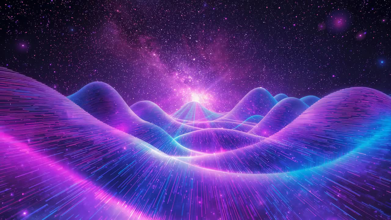 Emerging cosmic nebula pulsing glow across neon wave surfaces over digital hills, with star field