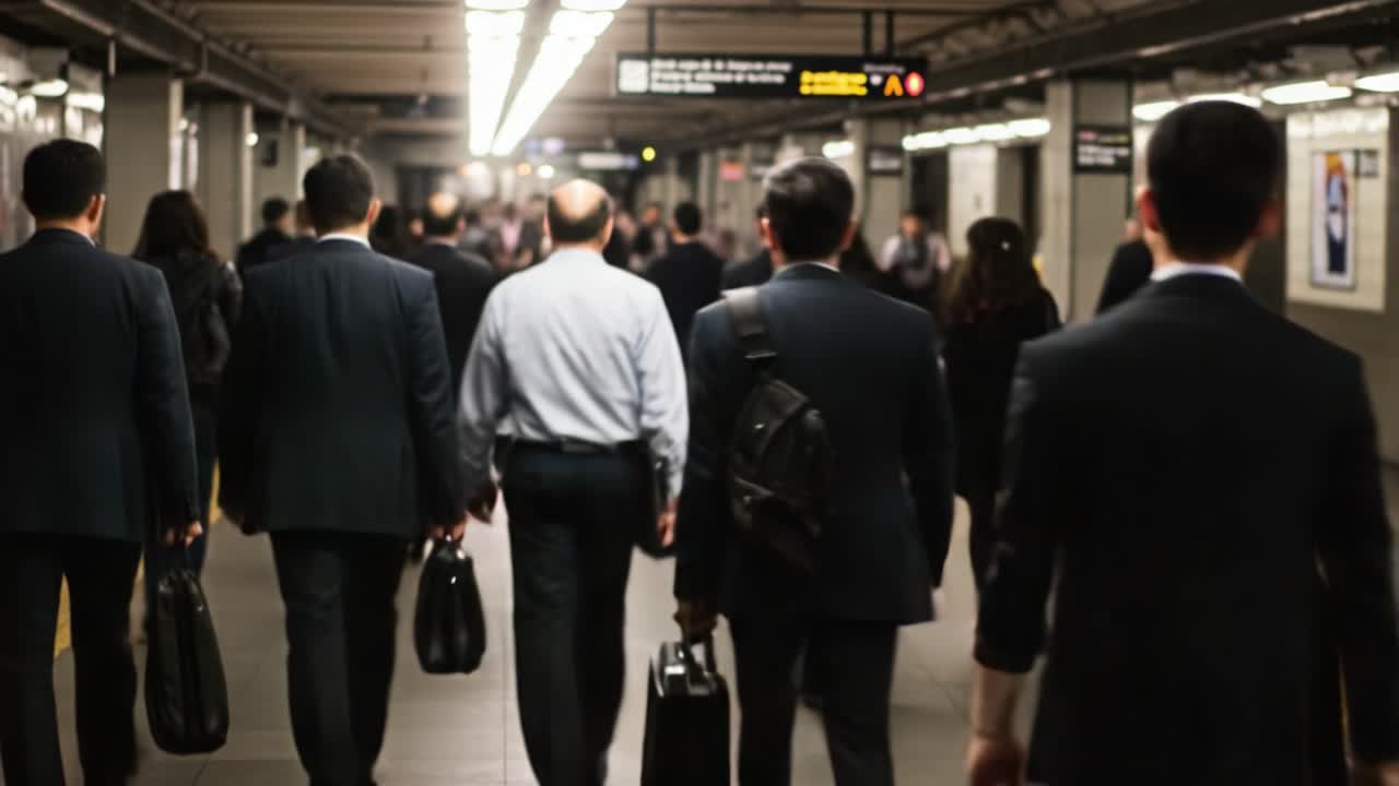 Crowded Subway Station During Rush Hour: A Sea of Commuters in Professional Attire Journeying to Their Destinations, Signifying the Daily Urban Hustle and Bustle
