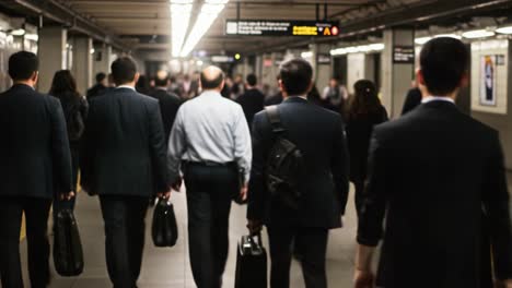 crowded subway station during rush hour: a sea of commuters in professional attire journeying to their destinations, signifying the daily urban hustle and bustle