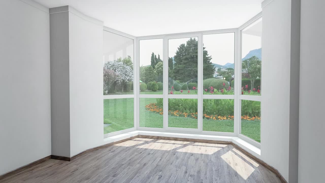 casa vacía para alquilar, hermoso jardín con sistema de rociadores automáticos fuera de la ventana. placa de fondo, clave de croma video de fondo