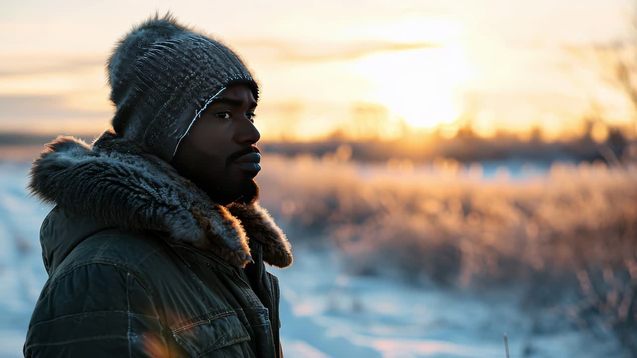 Young African American man wearing warm winter clothes is breathing fresh air in a snowy field at sunrise, enjoying the peace and quiet of nature during cold winter morning