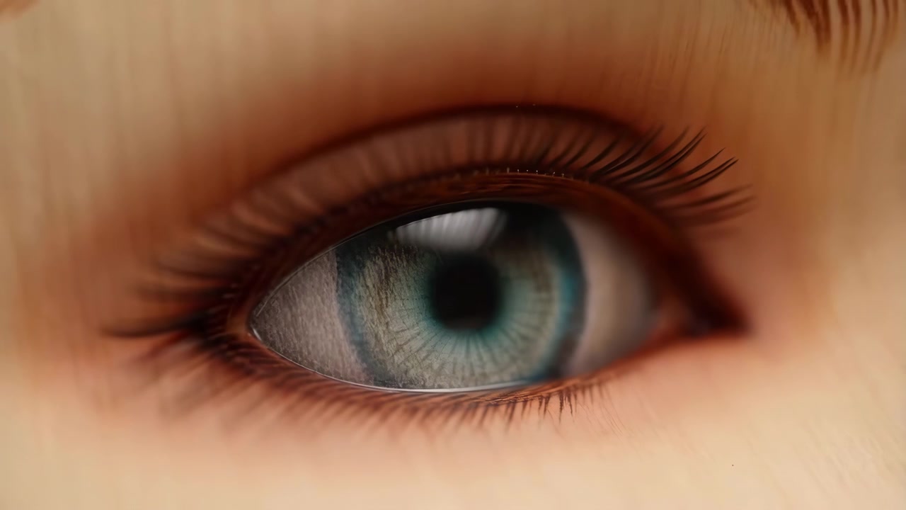 Extreme horizontal macro close-up of human eye showing gradual eyelid opening with upper lashes curling upward and lower lashes separating, while glossy highlight moves across iris, cornea, skin