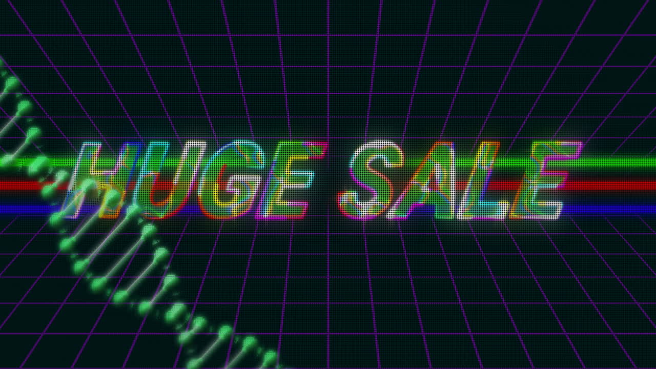 Neon colors and animation text highlighting huge sale over retro grid background