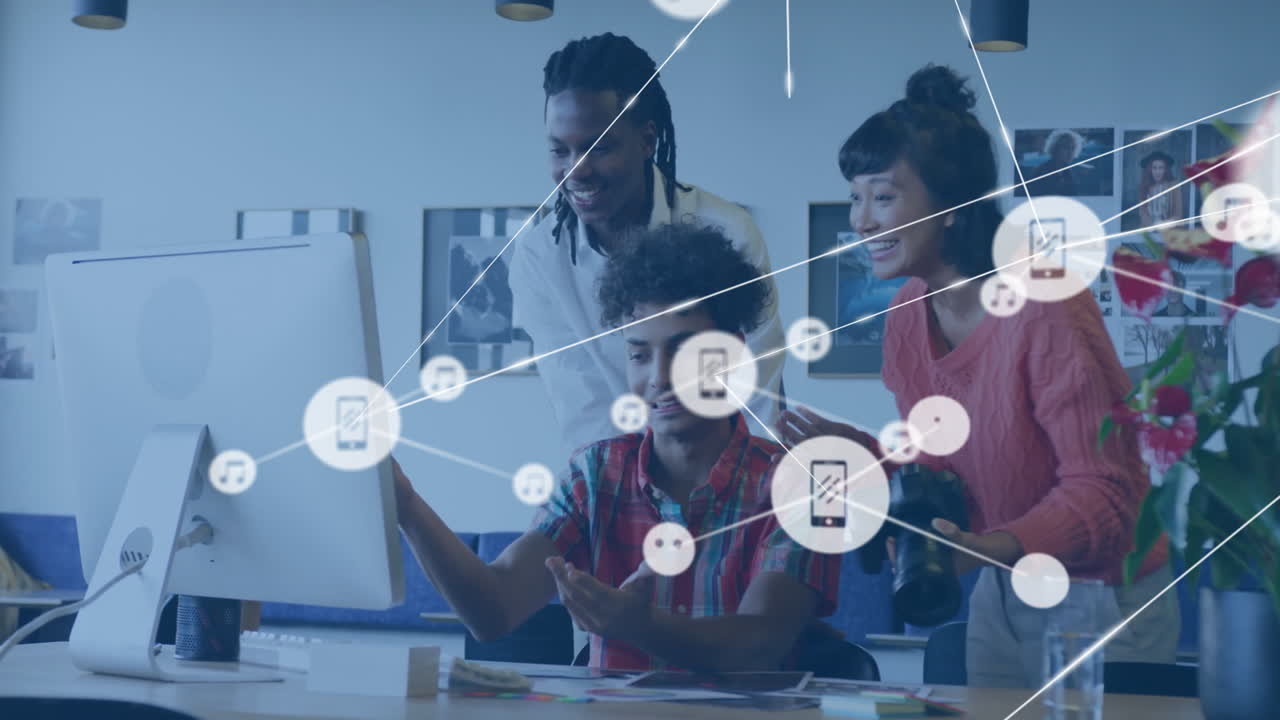 Animation of network of connections with people icons over diverse business people in office