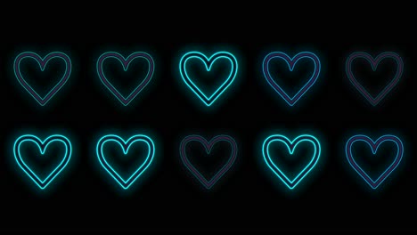 Pulsing-neon-romantic-hearts-in-rows-on-black-gradient