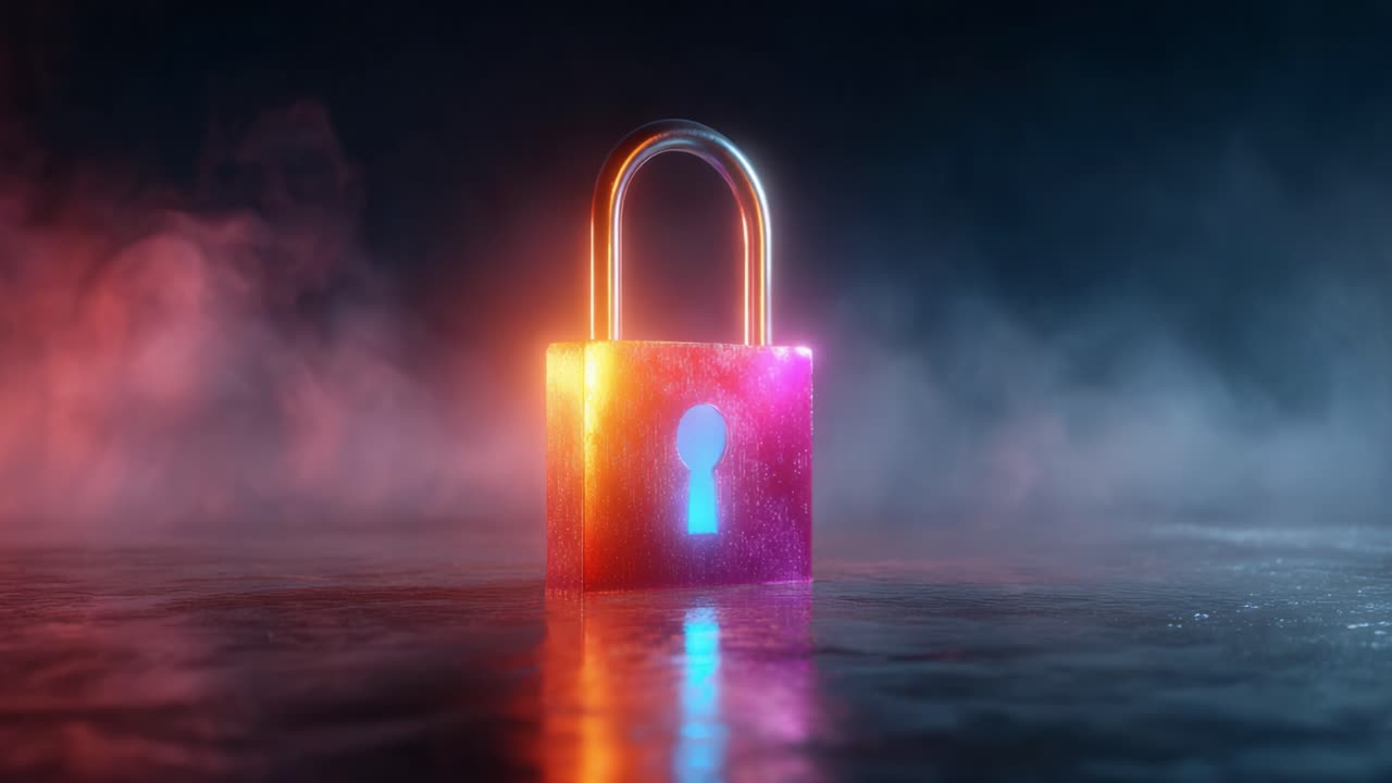 A vibrant, glowing padlock surrounded by colorful smoke, symbolizing security, protection, and mystery, illustrating a captivating visual concept of safeguarding information