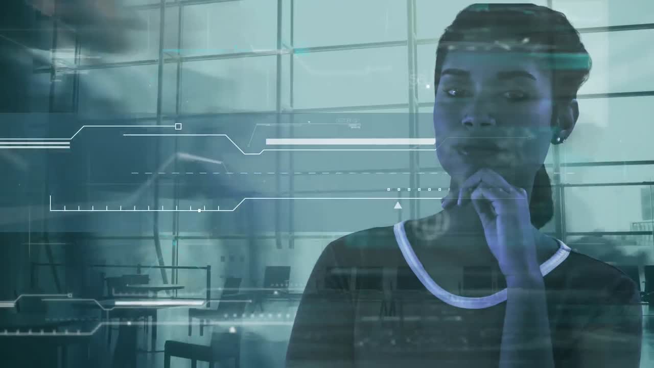 Animation of digital interface and data processing over businesswoman