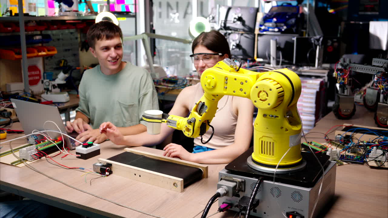 Young happy engineers programming an yellow robotic arm in the workshop to grab cardboard water glass, computer programming training for coffee preparation, celebrating success