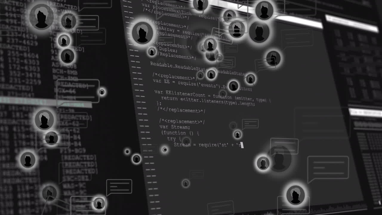 Animation of chat bubbles and silhouettes over computer code in school setting