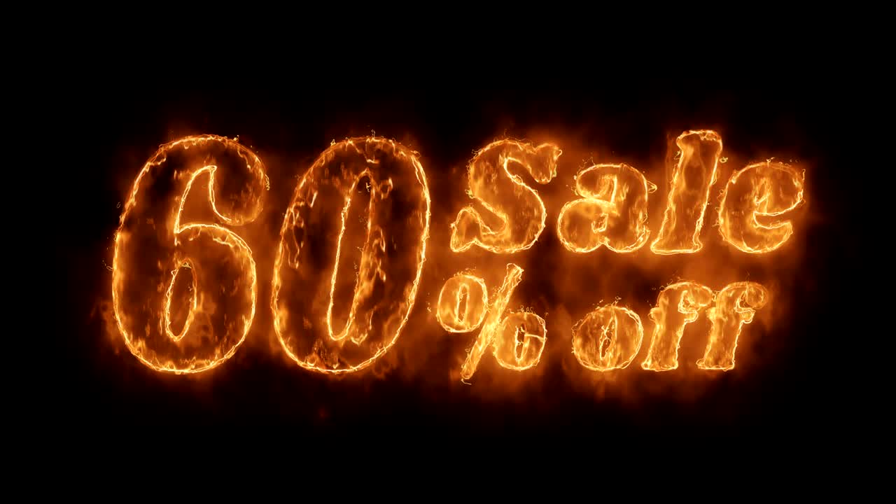 60% de descuento en la palabra animada caliente que quema el círculo de llamas de fuego realista.