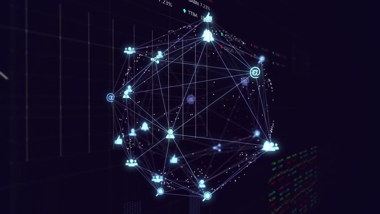 Globe of digital icons spinning against stock market data processing against blue background