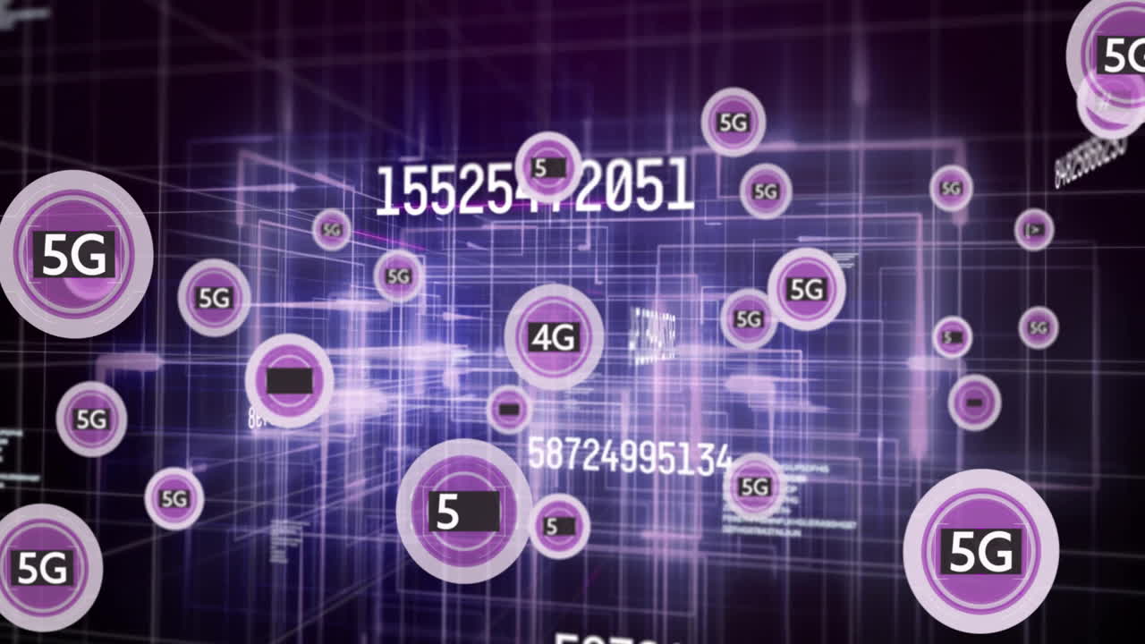 디지털 그리드 배경에서 5g 및 4g 네트워크 데이터 처리 애니메이션